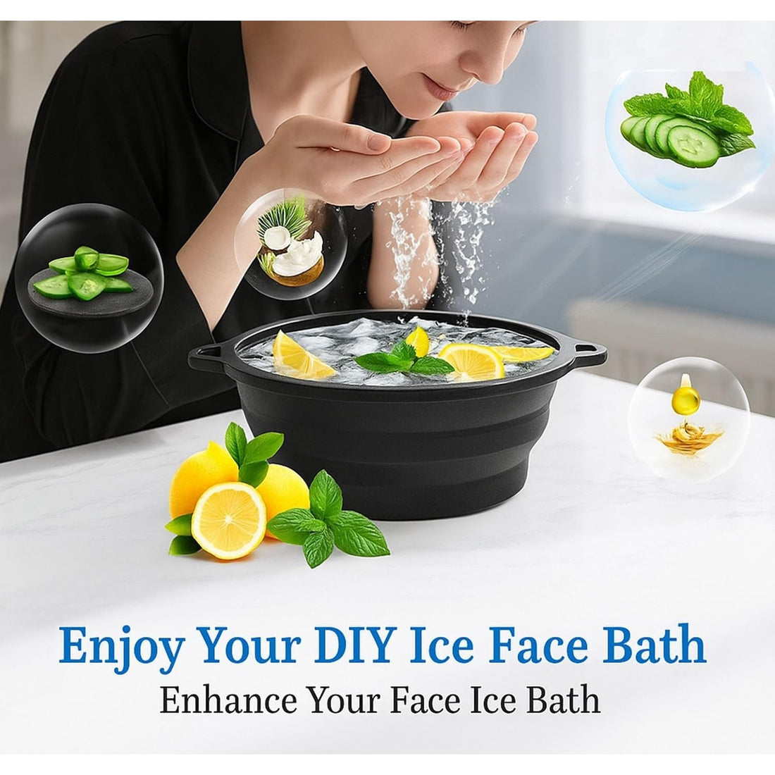 Lazer Silicone Collapsible Face Bowl with Ice Tray, BPA-Free Round Face Bath Bowl for Skincare, Soaking & Washing, Dishwasher Safe (Black, Pack of 1)