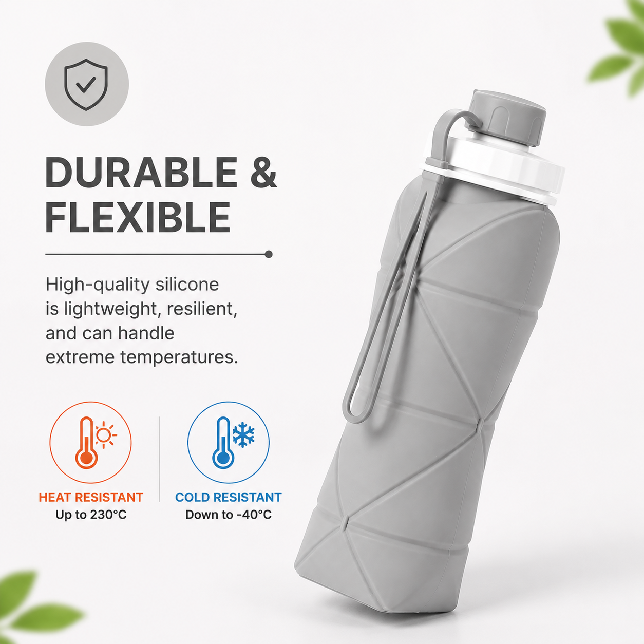 Lazer Silicone Foldable Travel Water Bottle 600ml – BPA-Free, Leakproof & Reusable for Hiking, Camping, Cycling, Yoga & Outdoor Sports (Grey)
