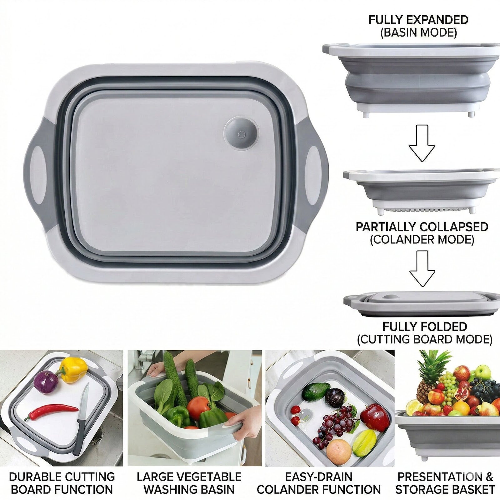 Lazer 3 in 1 Foldable Kitchen Kit – Collapsible Chopping Board, Vegetable Washing Basket & Drain Bowl | Food Grade Plastic | Portable for Kitchen, Camping & Travel