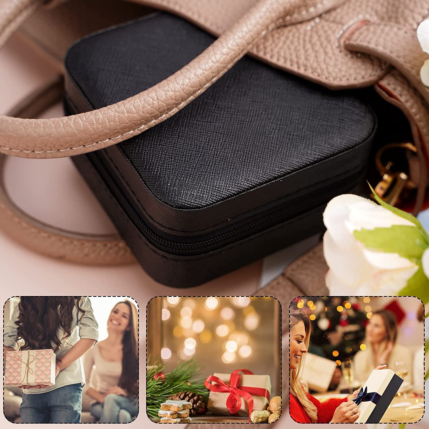 Lazer Jewellery Organiser PU Leather Zipper Square Portable Mini Square Storage Box Case with Dividers Container for Rings, Earrings, Necklace Home Organizer