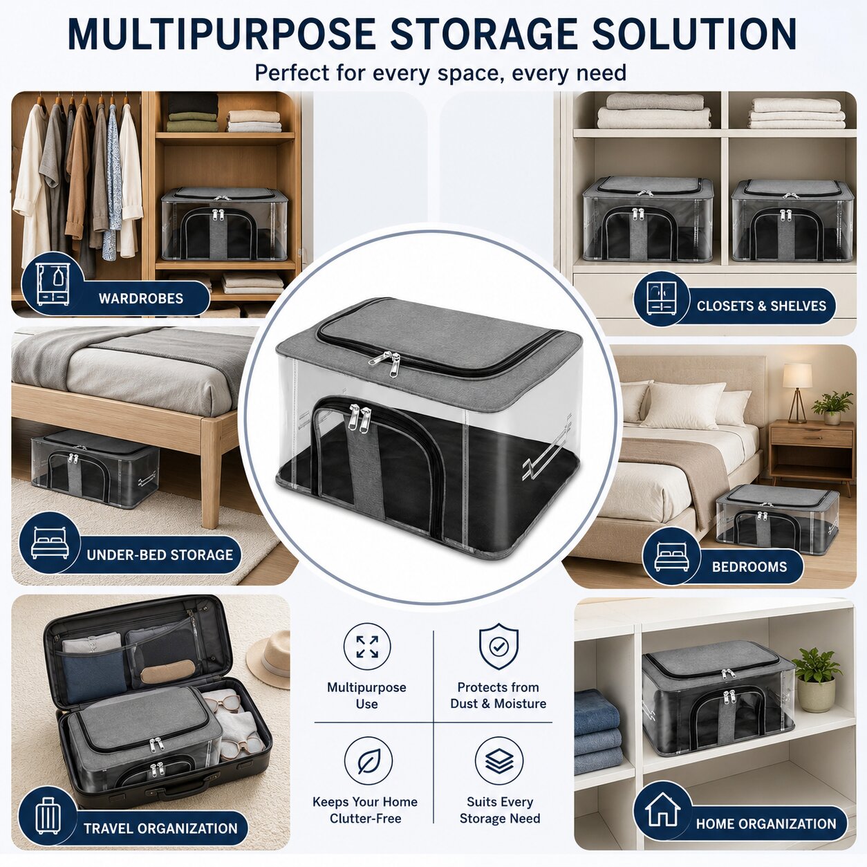 Lazer Pack of 2 Clothes Storage Bags – 33L Nylon Wardrobe Organizer with Transparent PVC Window, Moisture Proof Saree & Clothes Storage Box with Carry Handle (Grey, 44 x 31 x 24 cm)