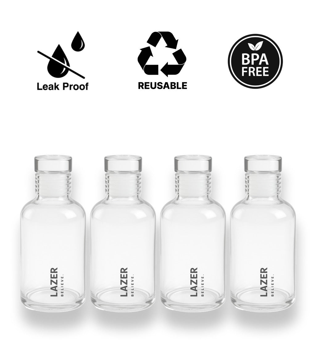 Lazer Pure Borosilicate Glass Water Bottle Set of 4 – 300ml Each, BPA-Free, Eco-Friendly, Durable & Leak-Proof Transparent Bottles