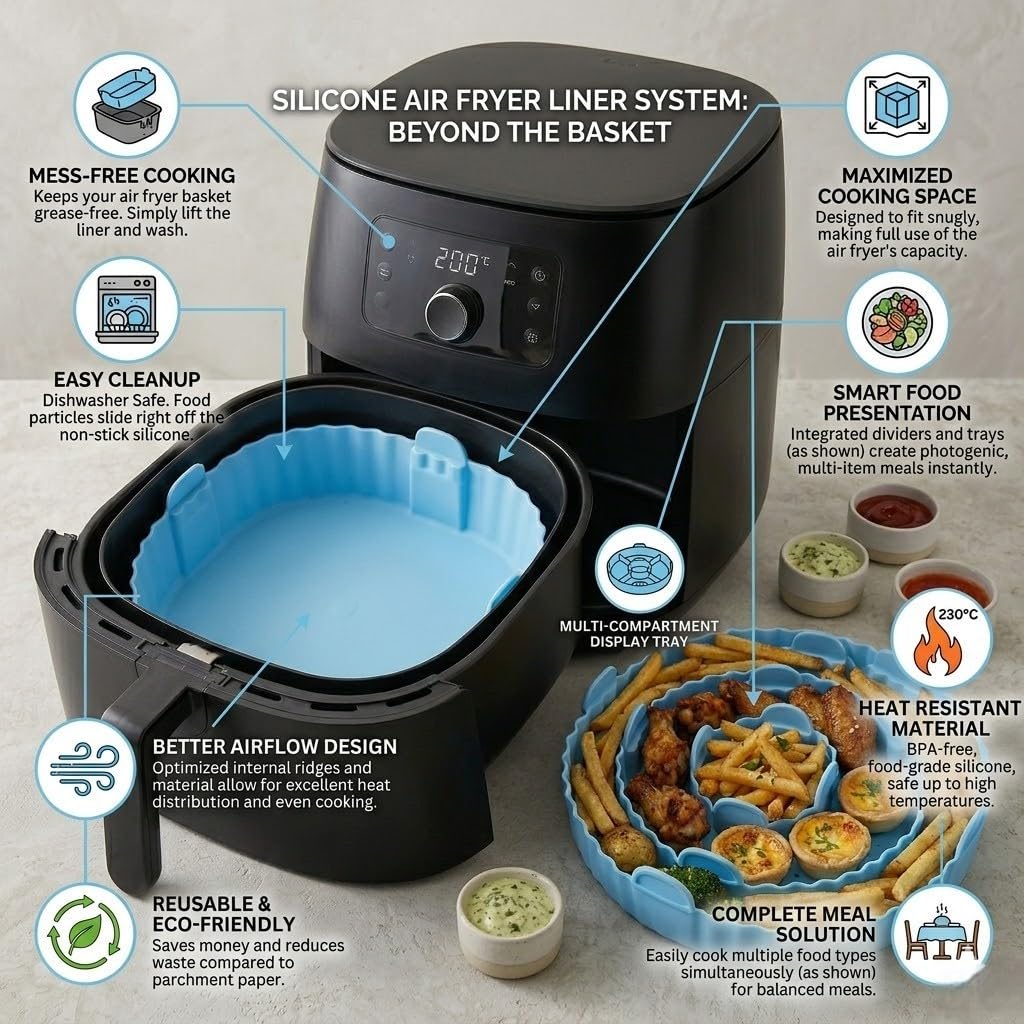 Lazer Air Fryer Silicone Basket Liners Set of 6 | Reusable Non-Stick Baking Mats | Heat Resistant Flexible Tray for Air Fryer Oven | Easy Clean Cooking Accessories Kitchen Essentials