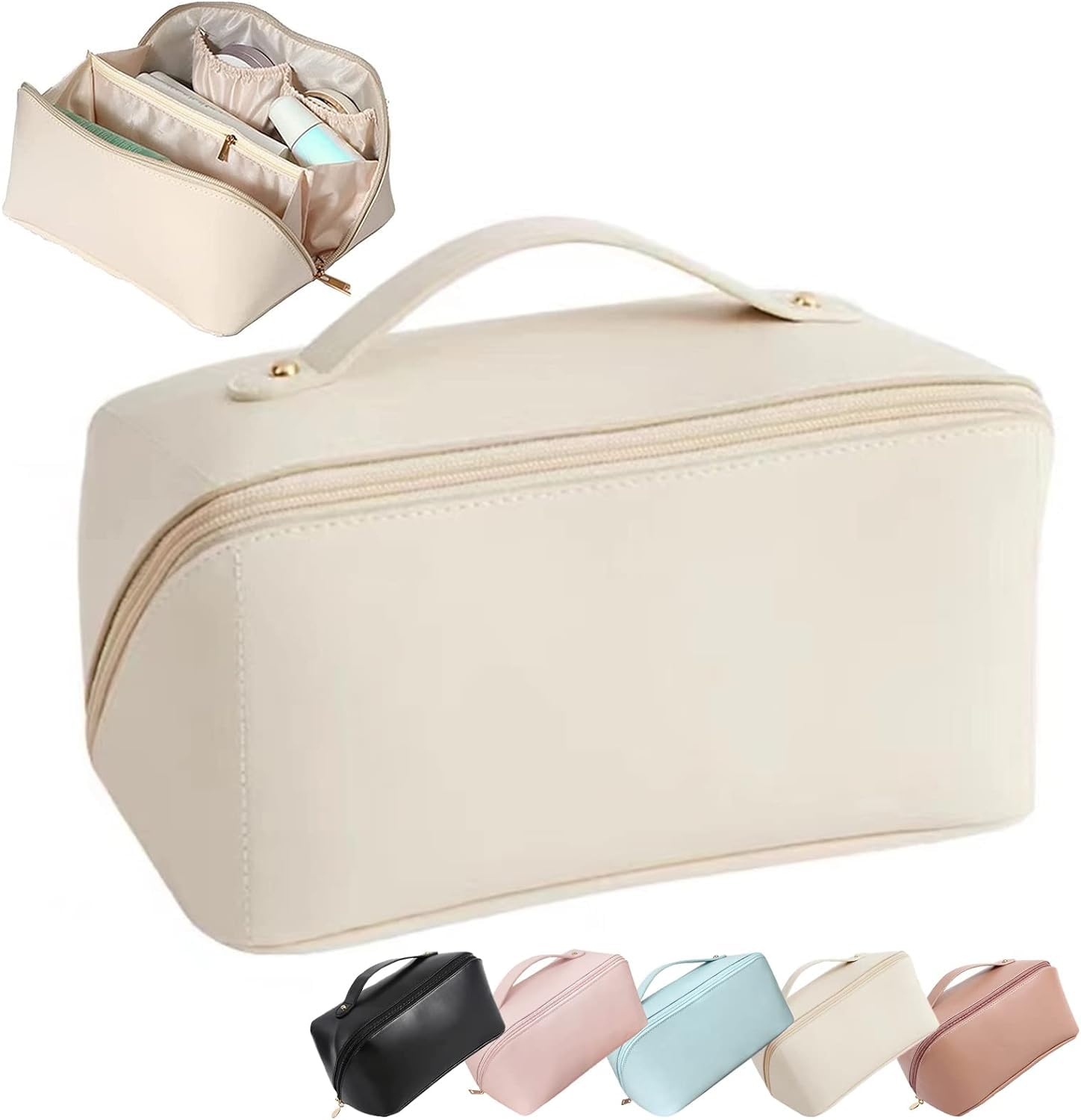 Lazer Travel Cosmetic Makeup Pouches for Women Travel Organizer Bag Portable Pouch Open Flat Toiletry Bag Make Up Organizer with Divider and Handle (White)