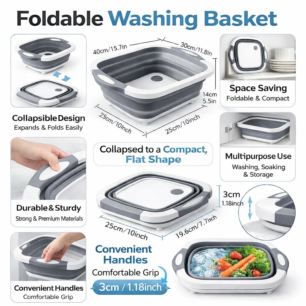 Lazer 3 in 1 Foldable Kitchen Kit – Collapsible Chopping Board, Vegetable Washing Basket & Drain Bowl | Food Grade Plastic | Portable for Kitchen, Camping & Travel
