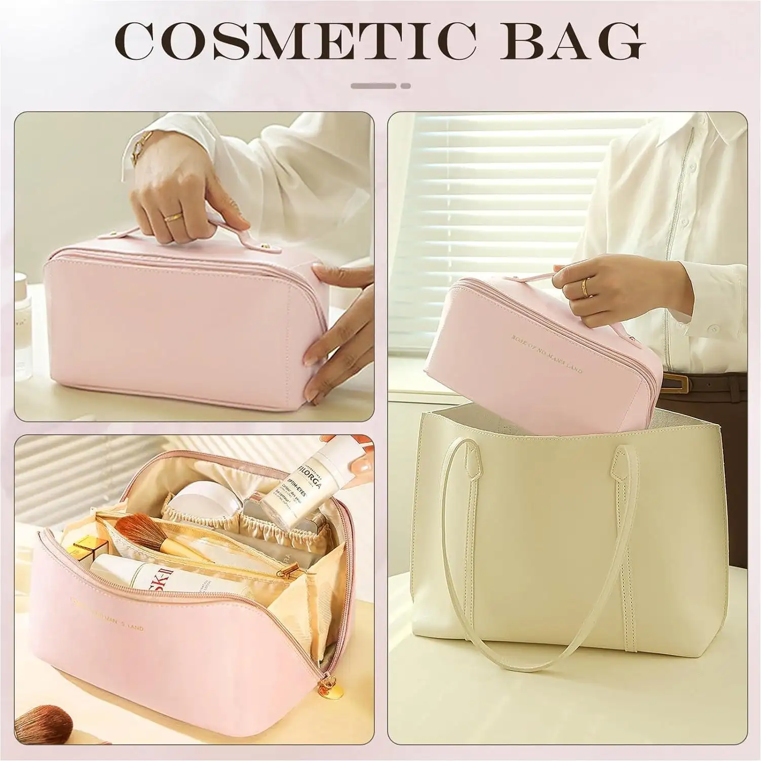 Lazer Travel Cosmetic Makeup Pouches for Women Travel Organizer Bag Portable Pouch Open Flat Toiletry Bag Make Up Organizer with Divider and Handle (Pink)