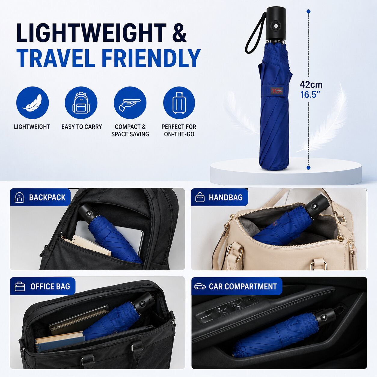 Lazer Shine 2-Fold 42 Inches Umbrella – Auto Open, Waterproof, Windproof, UPF 50+ Sun Protection, Large Compact Umbrella for Men, Women & Kids, Navy Blue