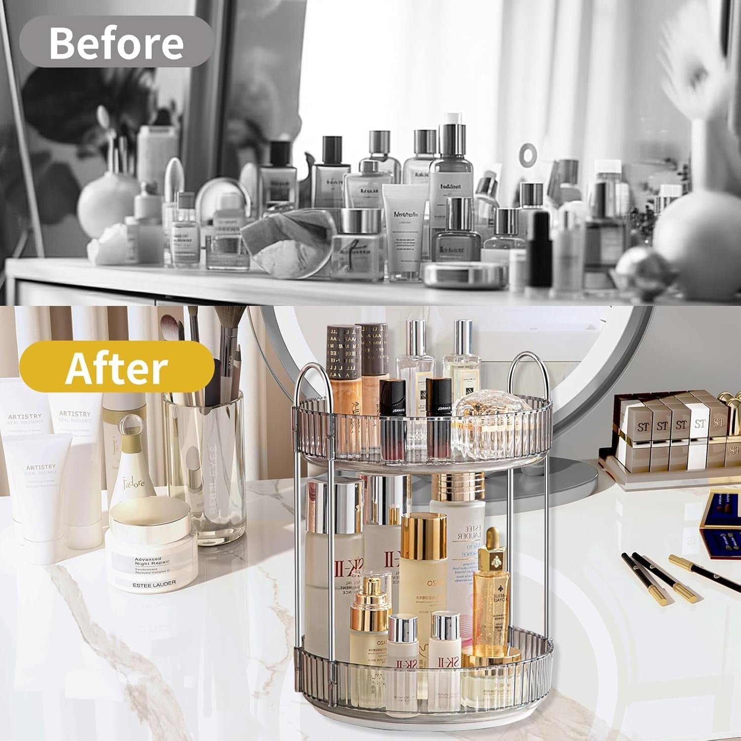 Lazer 360° Rotating Makeup Organizer – 2 Tier Grey Vanity Storage for Skincare, Perfume & Cosmetics (High Capacity Clear Display)