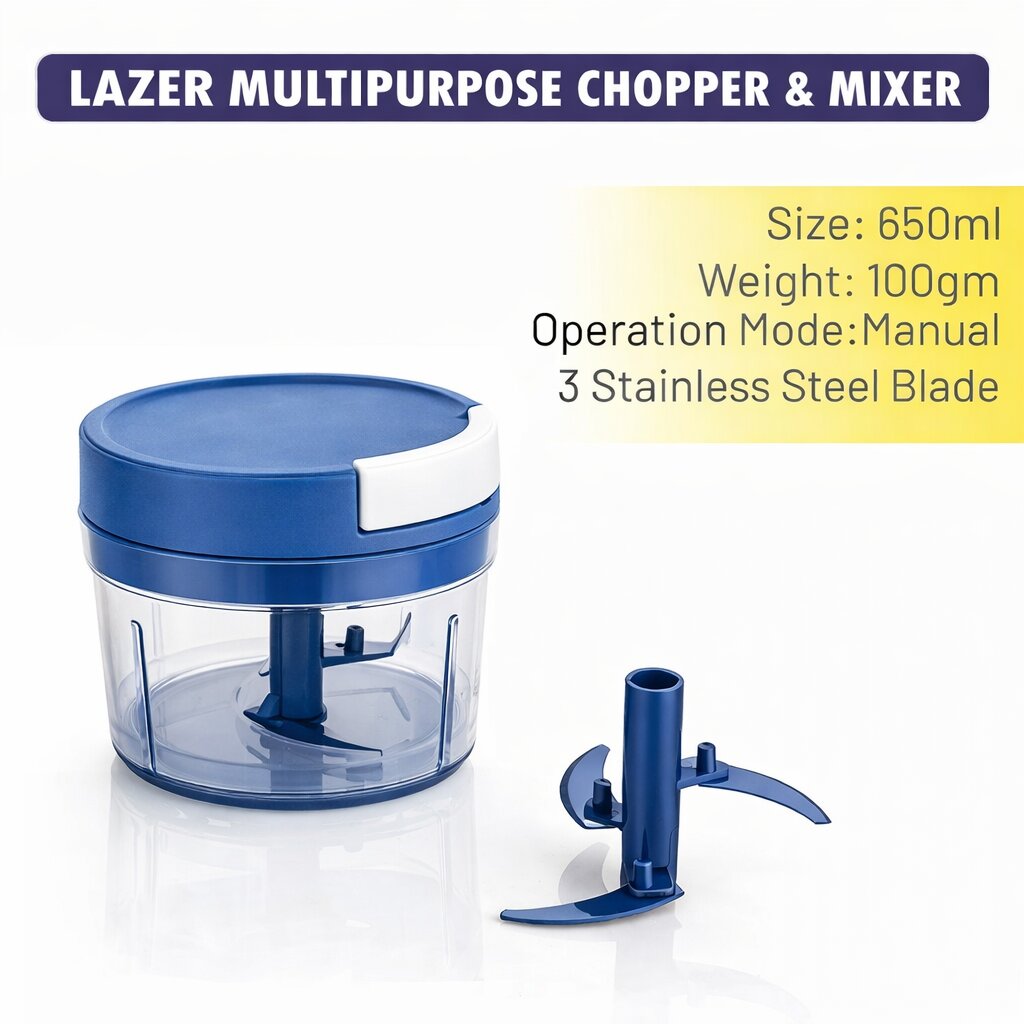 Lazer 650ml Manual Handy Chopper with 3 Stainless Steel Blades | Multipurpose Vegetable & Fruit Cutter for Kitchen (Blue)
