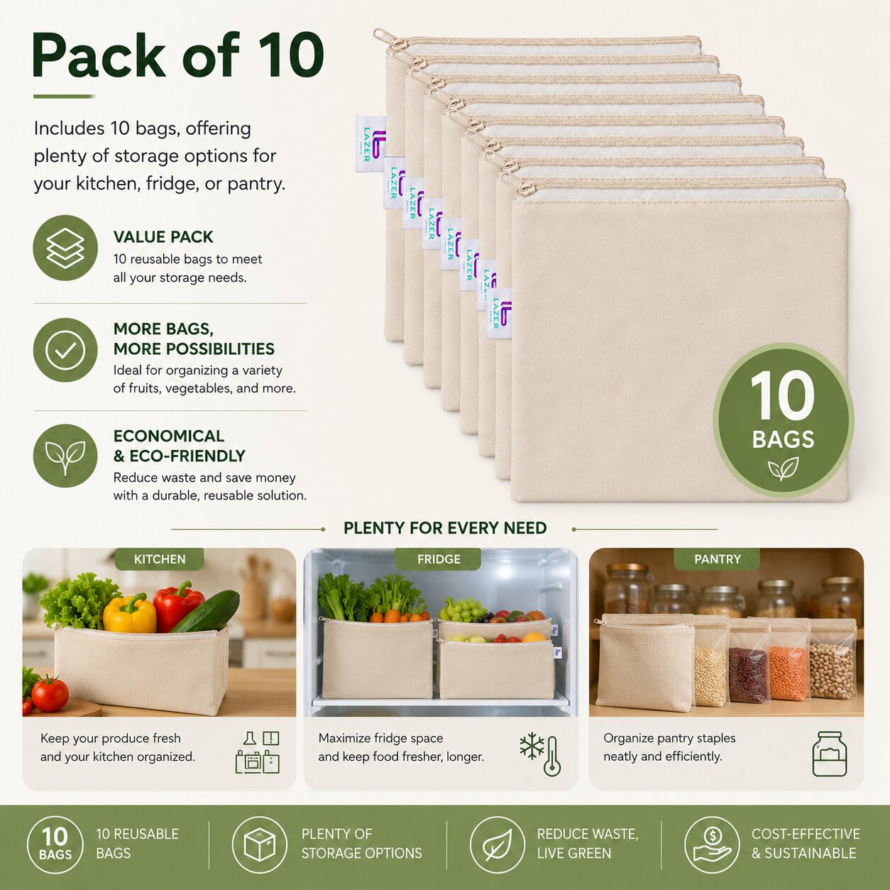 Lazer Cotton Reusable Vegetable Bags – Eco-Friendly, Breathable, and Washable Cloth Storage Bags for Fridge (12x12 Inches, Pack of 10)