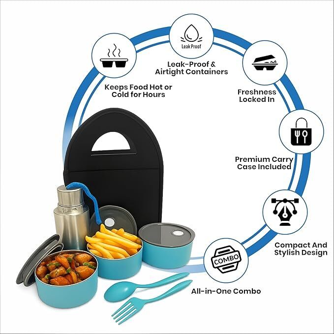 Lazer Stainless Steel Lunch Box Set 770ml – 3 Leakproof Containers, 500ml Steel Water Bottle, Cutlery & Insulated Carry Bag for Office, School & Travel (Blue)