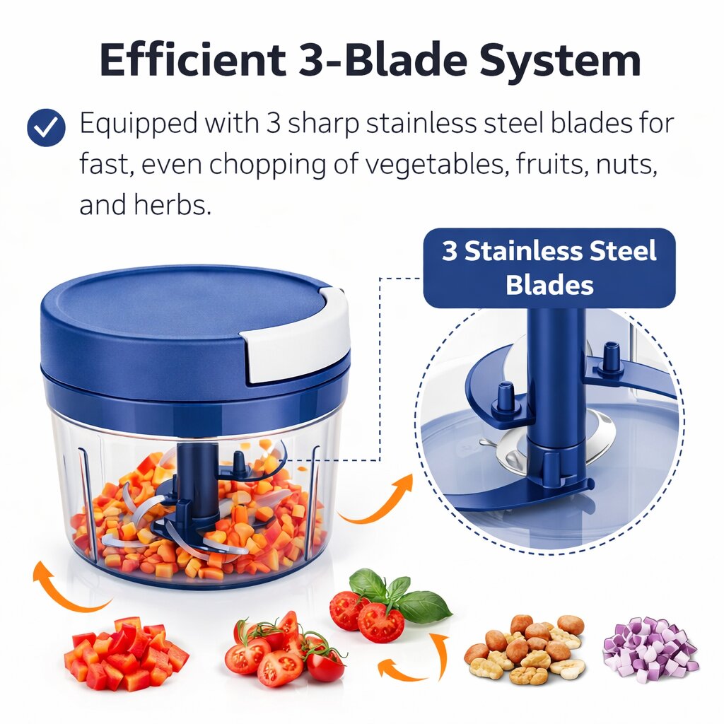 Lazer 650ml Manual Handy Chopper with 3 Stainless Steel Blades | Multipurpose Vegetable & Fruit Cutter for Kitchen (Blue)