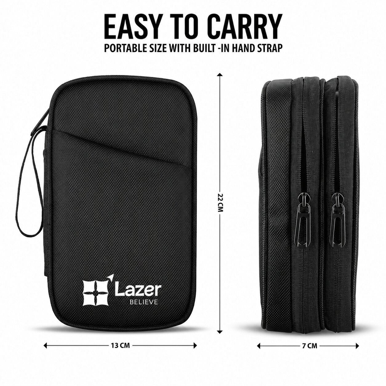 Lazer Travel Organizer Pouch with Wrist Strap, Premium Zippered Storage Case for Passport, Documents, Cables, Gadgets & Accessories, Lightweight Durable Portable Bag (Black)