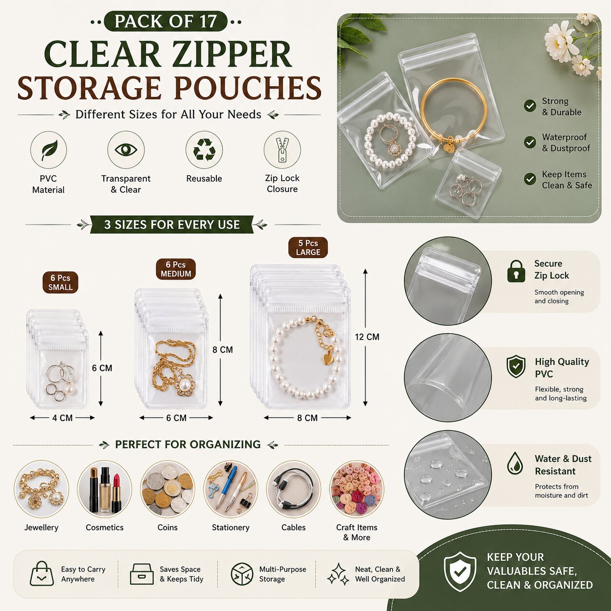 Lazer Pack of 17 Transparent Jewellery Storage Pouches | Clear PVC Zip Lock Organizer Bags for Rings, Earrings, Necklaces & Accessories