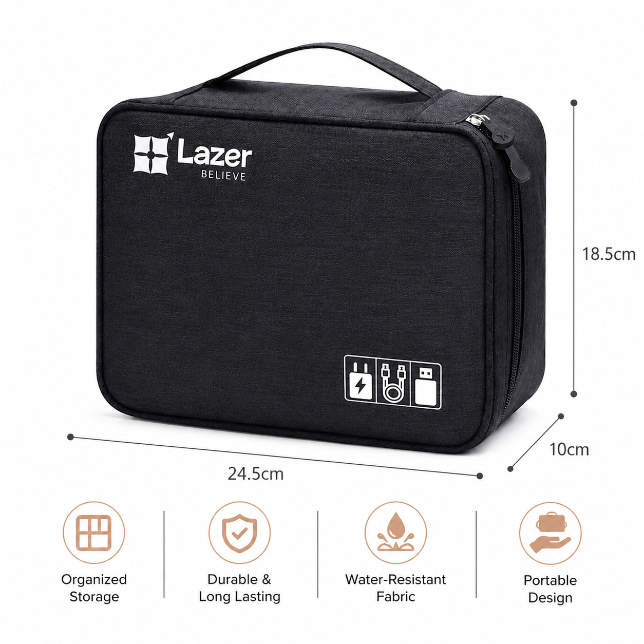 Lazer Polyester Electronics Accessories Organizer Bag, Universal Carry Travel Gadget Bag For Cables, Plug And More, Perfect Size Fits For Pad Phone Charger Hard Disk - Black