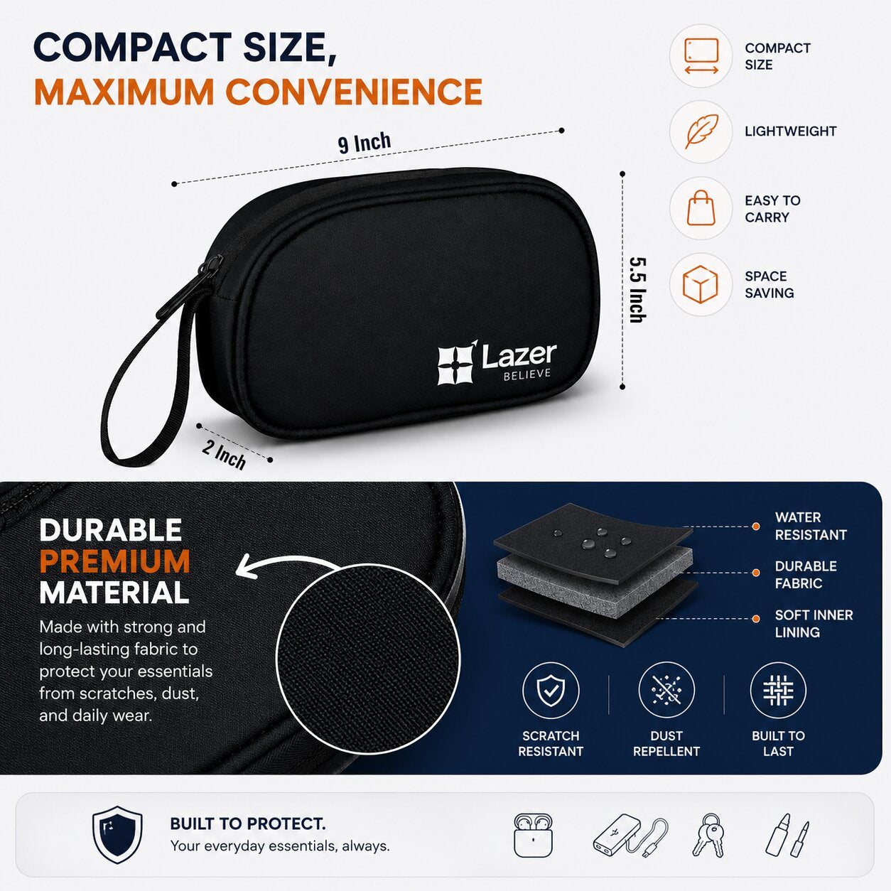 Lazer Premium Travel Pouch Multipurpose Organizer Bag for Toiletries, Cables, Stationery & Daily Essentials | Lightweight Zipper Carry Case for Travel, School & Office (Black)