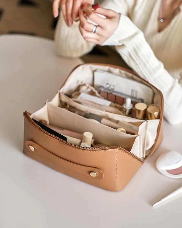 Lazer Travel Cosmetic Makeup Pouches for Women Travel Organizer Bag Portable Pouch Open Flat Toiletry Bag Make Up Organizer with Divider and Handle (Brown)