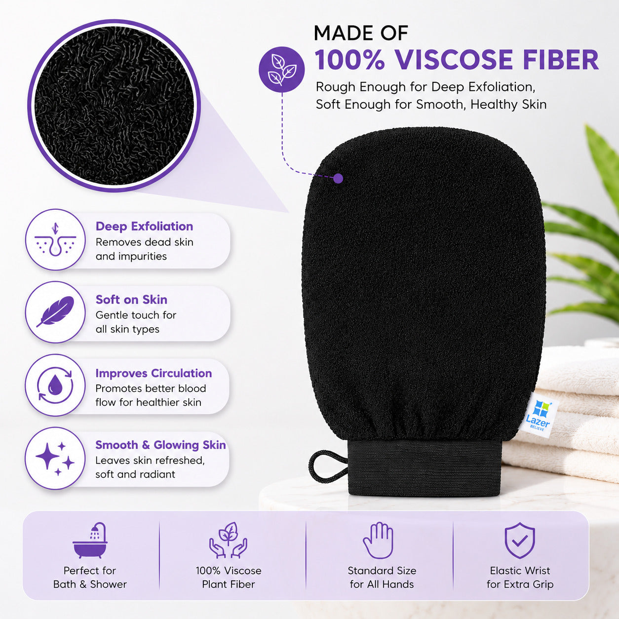 Lazer Exfoliating Body Scrub Gloves, Loofah for Men and Women, Gentle On Skin, Easy To Use, Removes Dead Skin, Blackheads, Impurities, Sustainable Hand Bathing Gloves (Black)