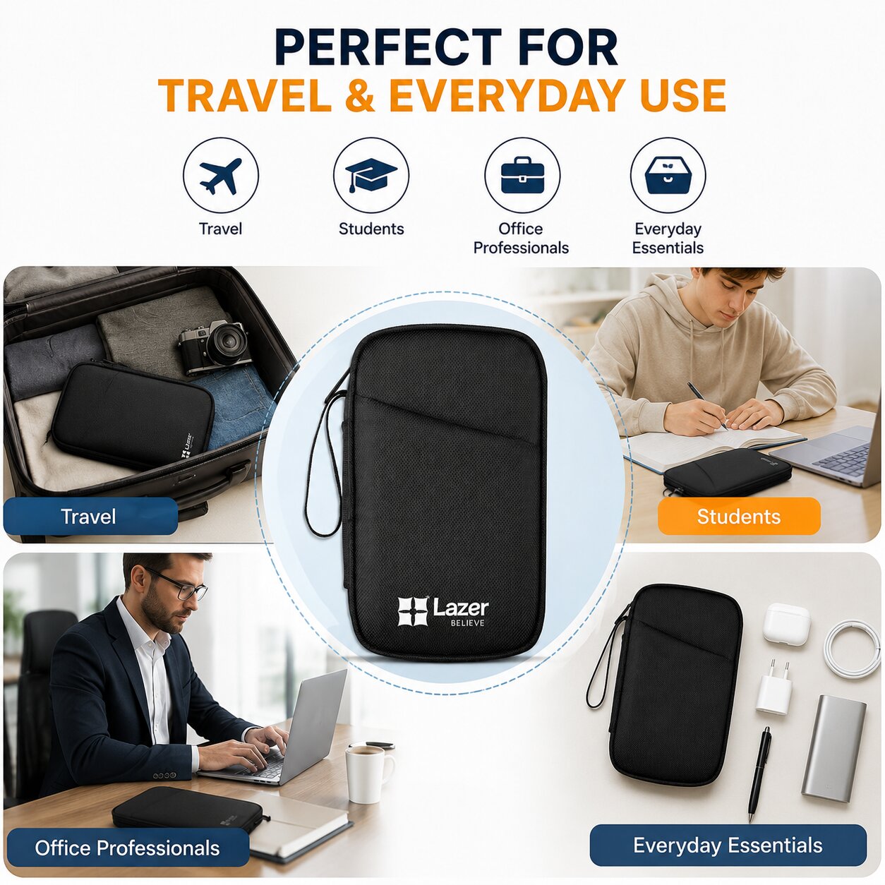 Lazer Travel Organizer Pouch with Wrist Strap, Premium Zippered Storage Case for Passport, Documents, Cables, Gadgets & Accessories, Lightweight Durable Portable Bag (Black)