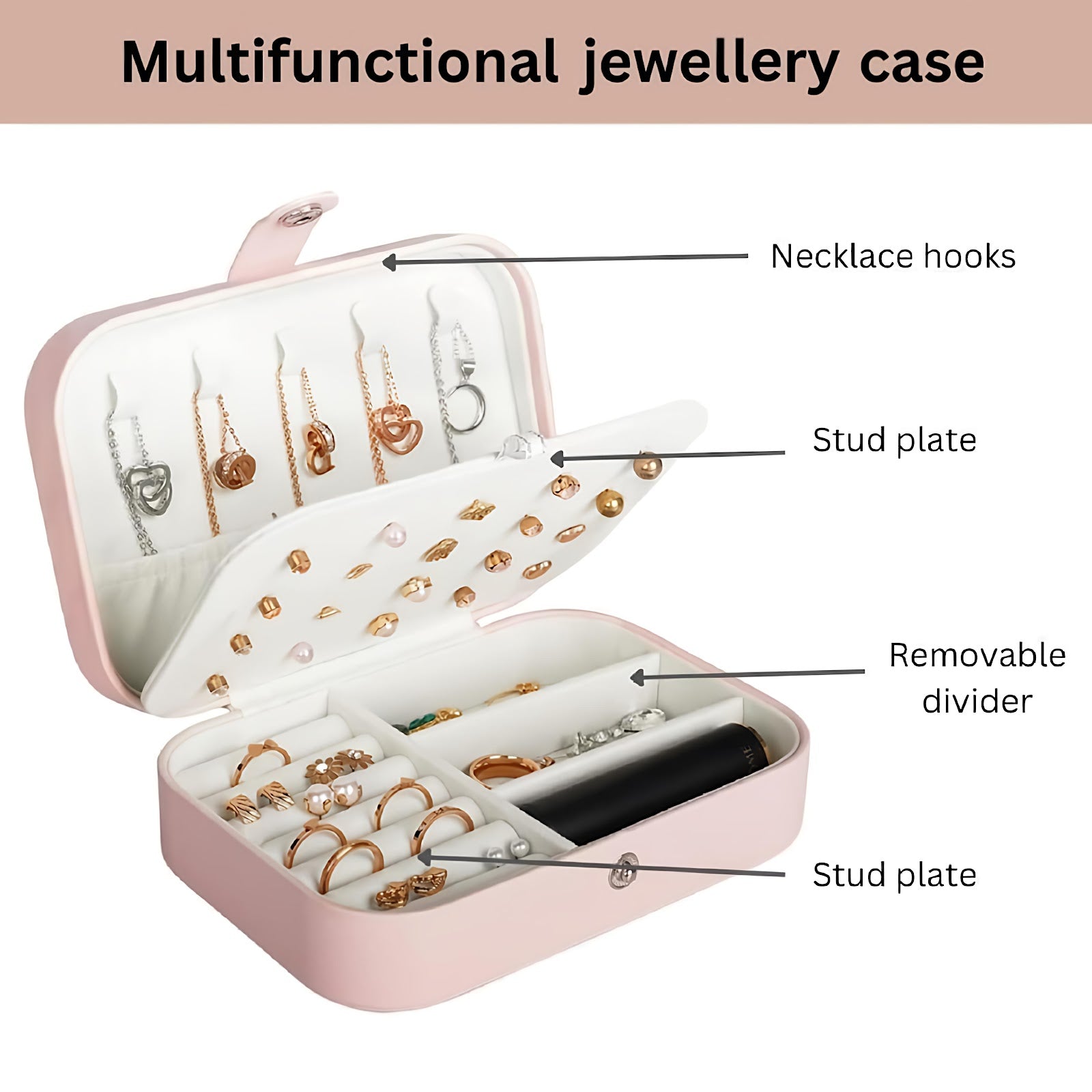 Lazer Jewellery Organiser PU Leather Zipper Portable Storage Box Case with Dividers Container for Rings, Earrings, Necklace Home Organizer