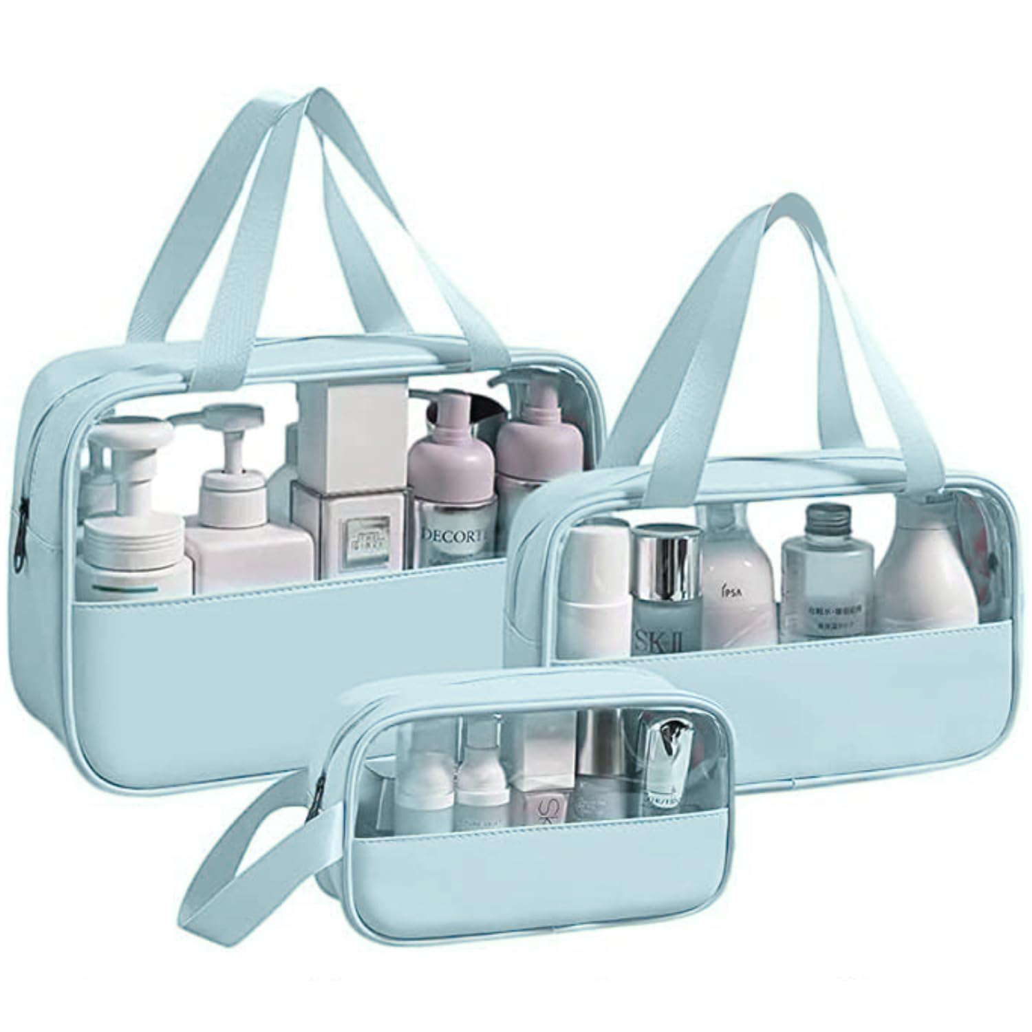 Lazer Makeup Travel Pouch, Half PVC Clear Cosmetic Bag, Travel kit Pouch for Toiletries, Brushes and Cosmetics - Set of 3 - Washbag Pouch - Blue