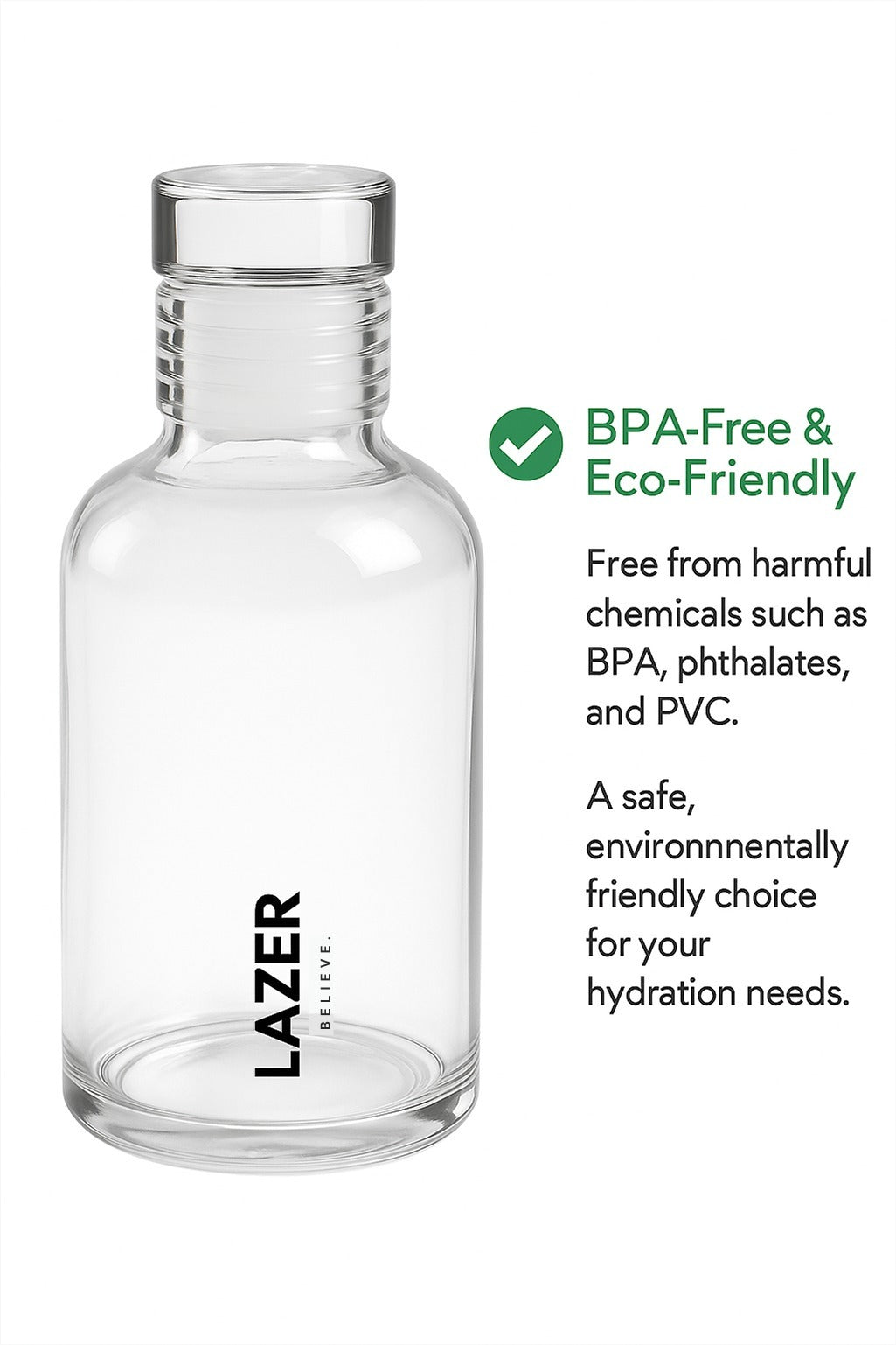 Lazer Pure Borosilicate Glass Water Bottle 300ml – BPA-Free, Eco-Friendly, Durable & Leak-Proof Transparent Bottle