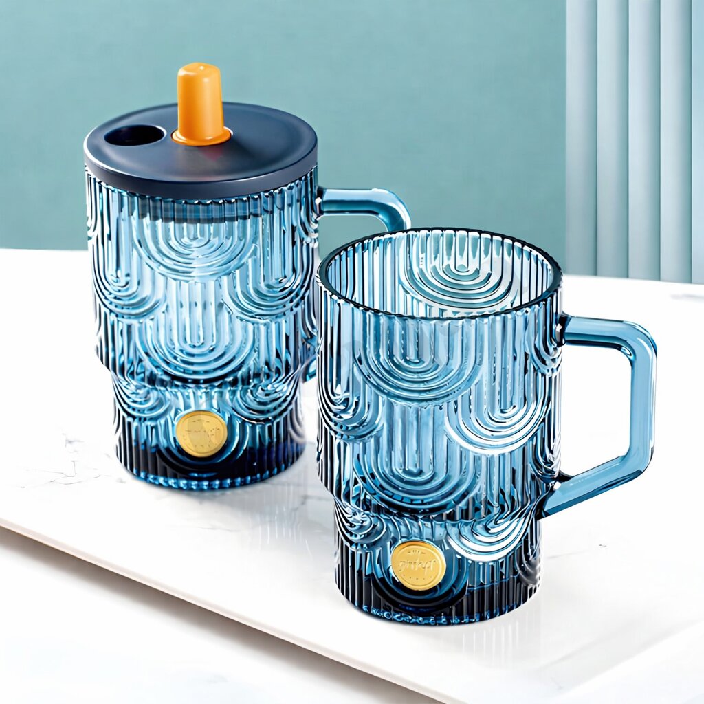 Lazer Reusable Glass Tumbler with Lid & Straw, 440ml Multipurpose Drinking Glass Travel Coffee Sipper Mug for Juice, Smoothies, Iced Tea & Cold Beverages, Dark Blue