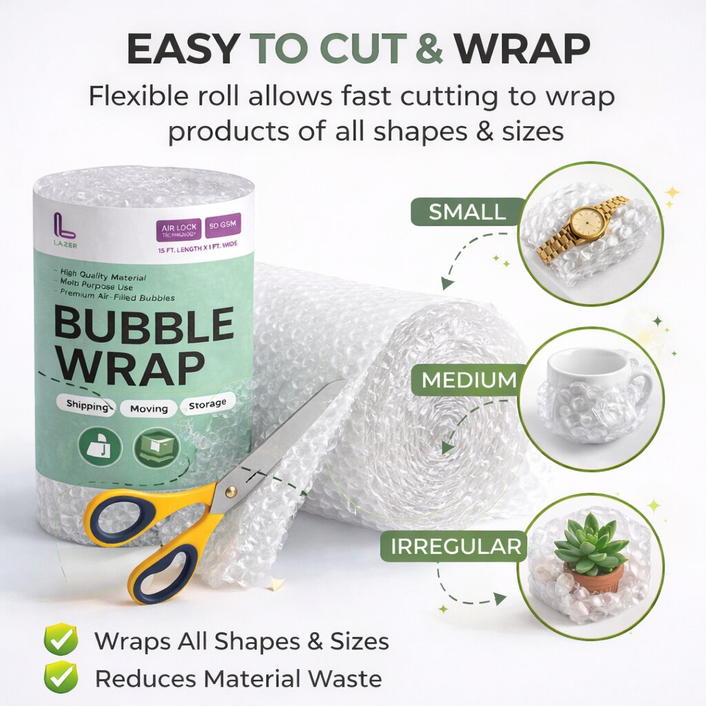 Lazer 50 GSM Pack of 2 Bubble Wrap Roll – 1 Ft Wide x 15 Ft Long, Thick Cushioning for Shipping, Moving & Storage