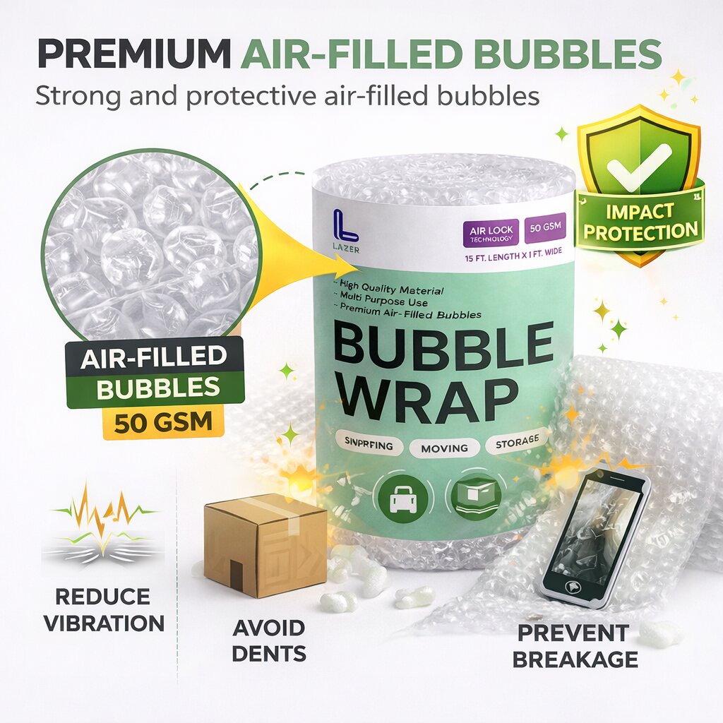 Lazer 50 GSM Pack of 2 Bubble Wrap Roll – 1 Ft Wide x 15 Ft Long, Thick Cushioning for Shipping, Moving & Storage