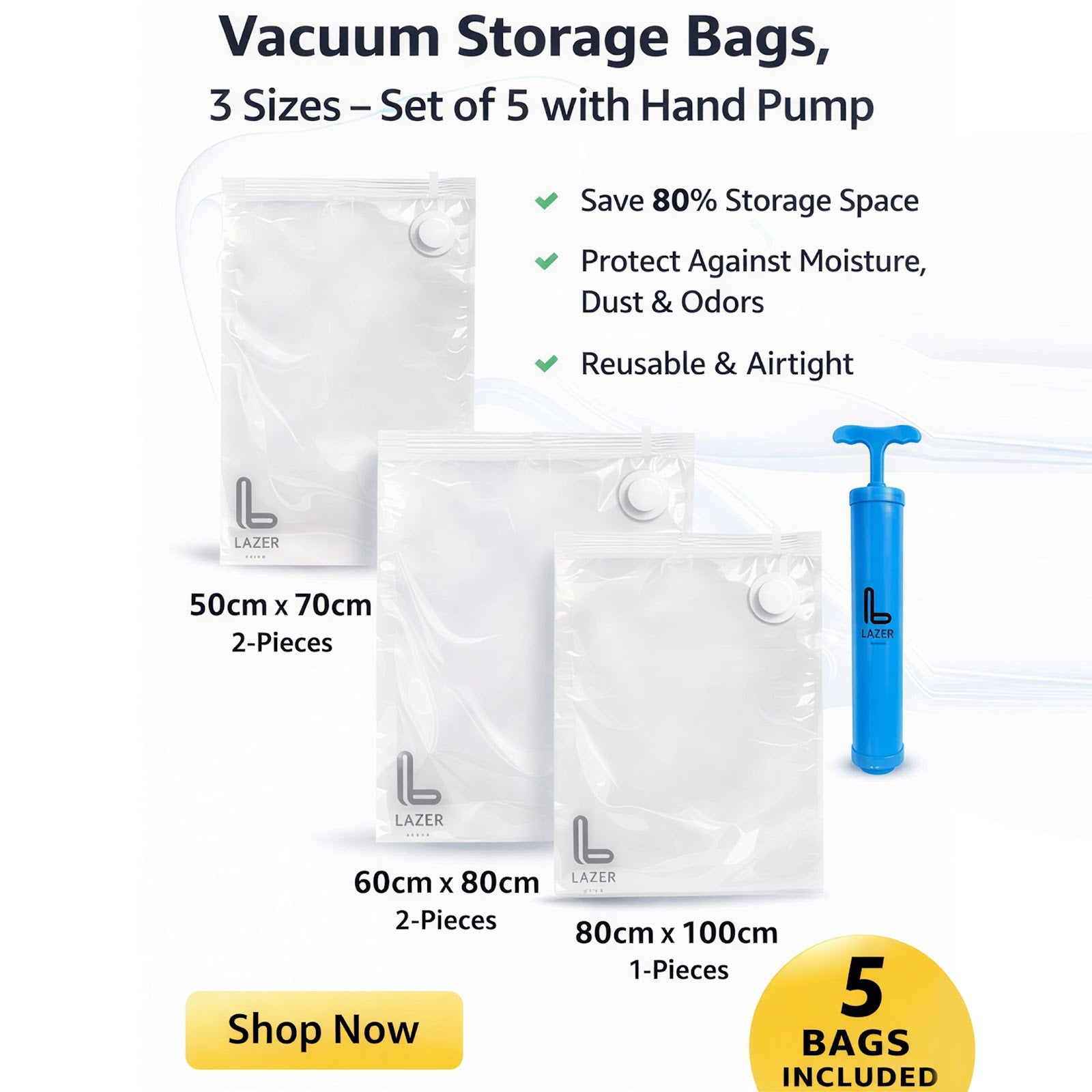 Lazer 5 Pack Space Saver Reusable Vacuum Bags for Travel with Hand Pump (1 Large/2 Medium/2 Small) Polyethylene Airtight Compression Storage for Packing Vaccine Sealer Bag with Ziplock - Transparent