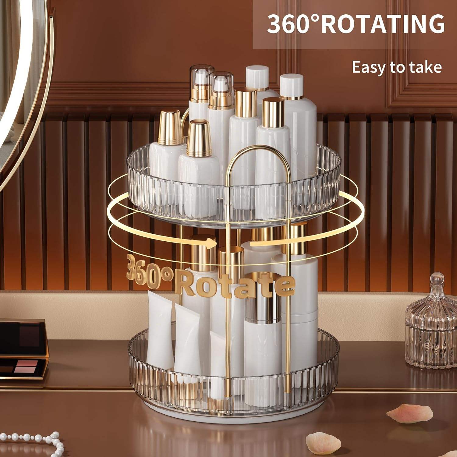 Lazer 360° Rotating Makeup Organizer – 2 Tier Grey Vanity Storage for Skincare, Perfume & Cosmetics (High Capacity Clear Display)