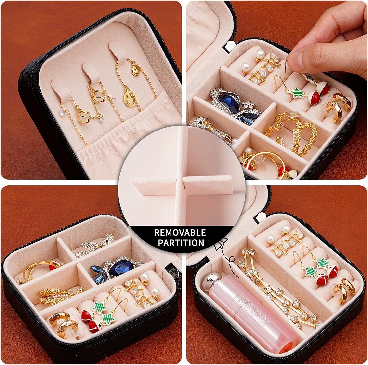 Lazer Jewellery Organiser PU Leather Zipper Square Portable Mini Square Storage Box Case with Dividers Container for Rings, Earrings, Necklace Home Organizer