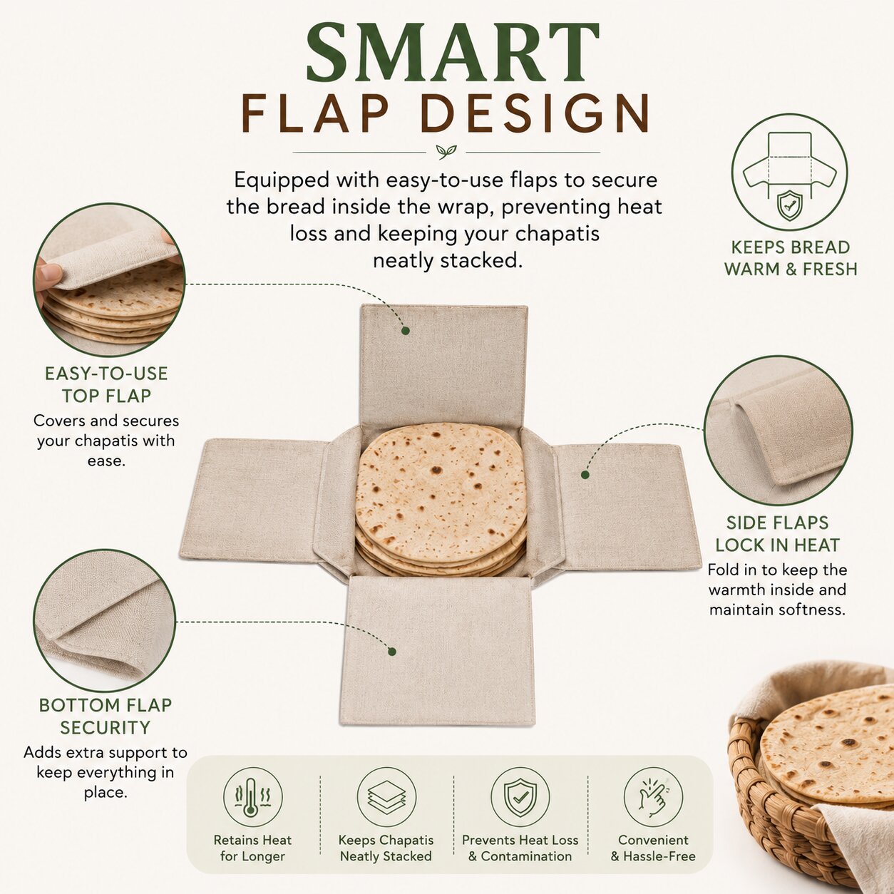 Lazer Double Layer Roti Wrap – Pack of 3 Premium Cotton Chapati Covers with Flaps, Soft & Durable Cotton Seed Fabric for Roti, Paratha, Phulka, Hot Case Kitchen Use