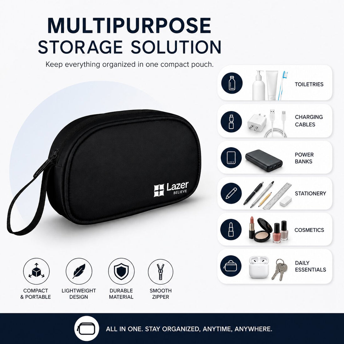 Lazer Premium Travel Pouch Multipurpose Organizer Bag for Toiletries, Cables, Stationery & Daily Essentials | Lightweight Zipper Carry Case for Travel, School & Office (Black)