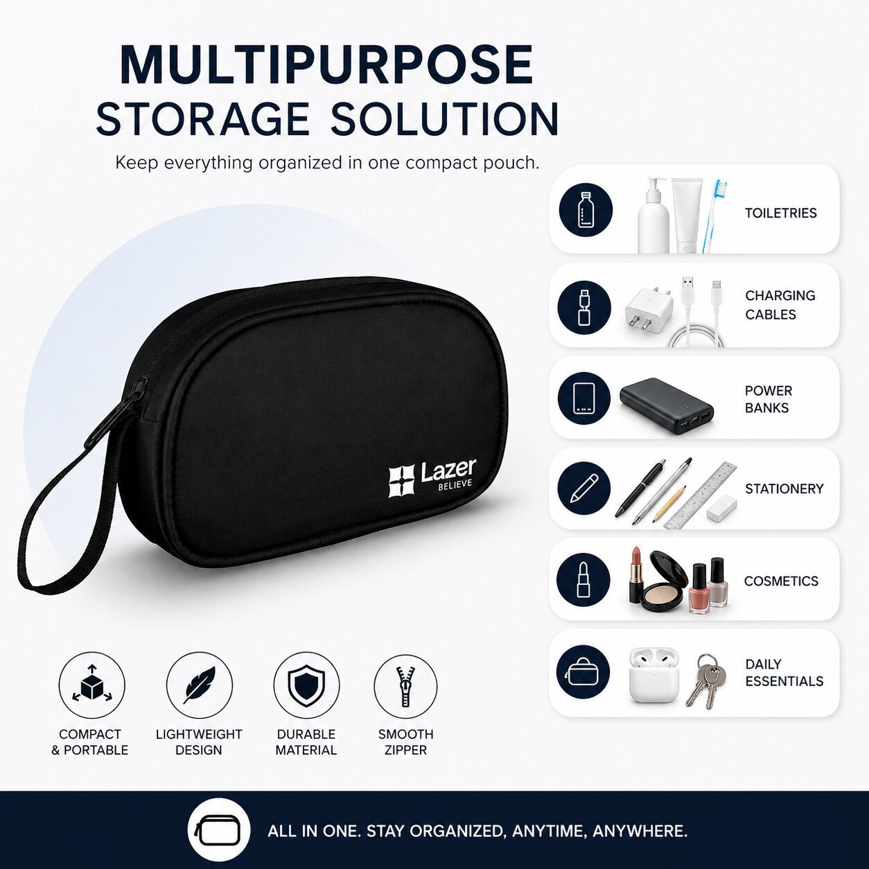 Lazer Premium Travel Pouch Multipurpose Organizer Bag for Toiletries, Cables, Stationery & Daily Essentials | Lightweight Zipper Carry Case for Travel, School & Office (Black)