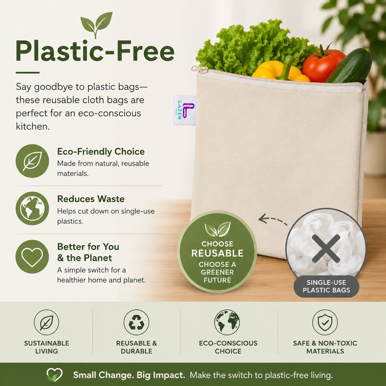Lazer Reusable Vegetable Storage Bags Pack of 10 | 10x10 Inch Zip Lock Fridge Bags | Plastic Food & Jewellery Storage Pouches with Zipper