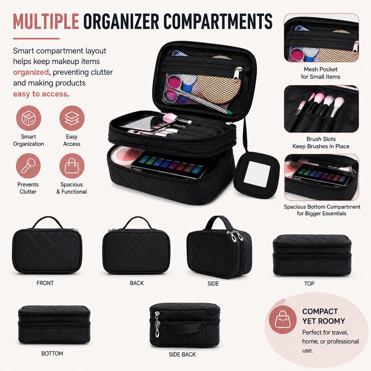 Lazer Makeup Pouch Bag Organiser with Mirror – Large Travel Cosmetic Vanity Bag for Women, Portable Makeup Organizer Case, Black