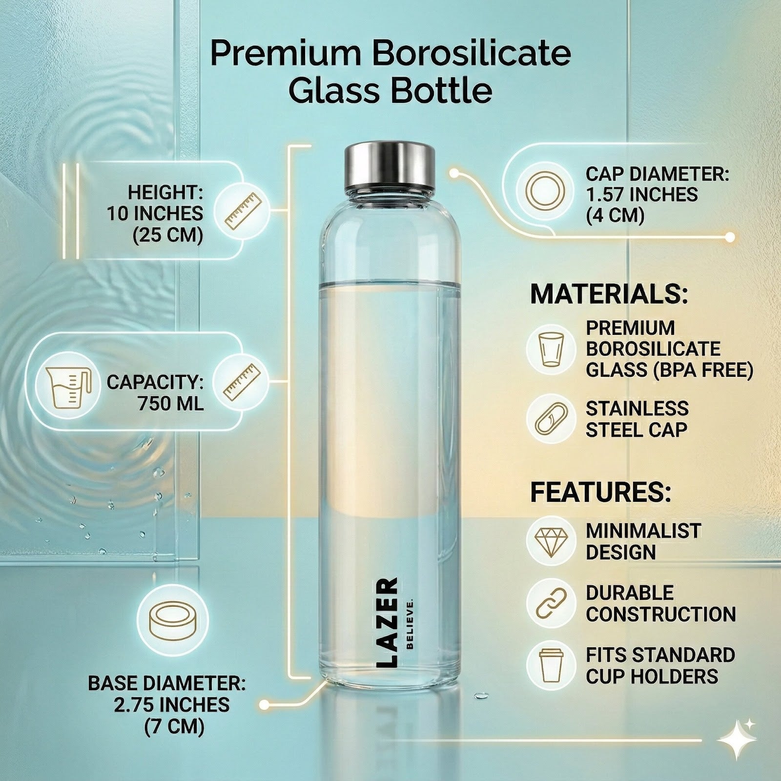 Lazer Pure Borosilicate Glass Water Bottle 750ml – BPA-Free, Eco-Friendly, Durable & Leak-Proof Transparent Bottle