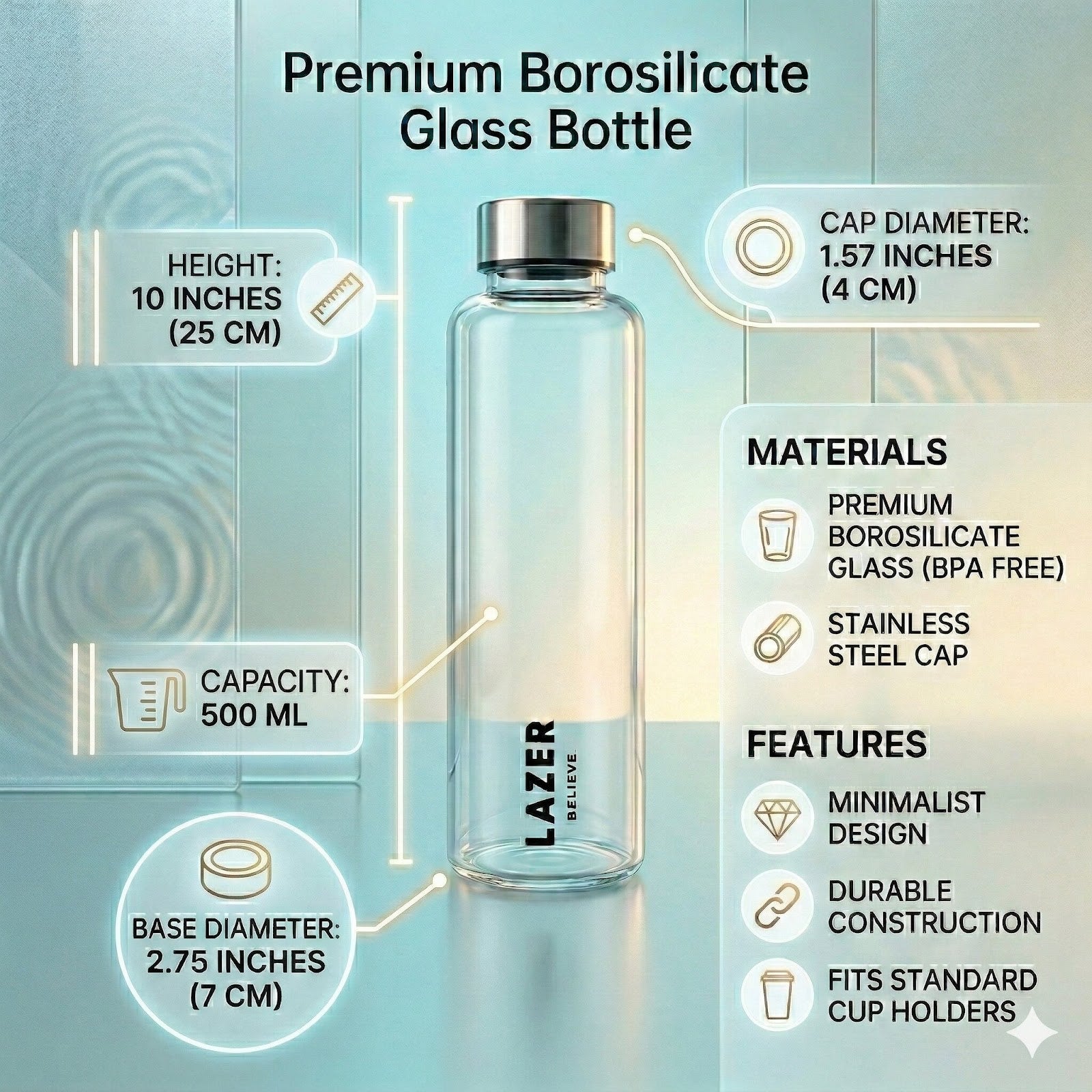 Lazer Pure Borosilicate Glass Water Bottle 500ml – BPA-Free, Eco-Friendly, Durable & Leak-Proof Transparent Bottle
