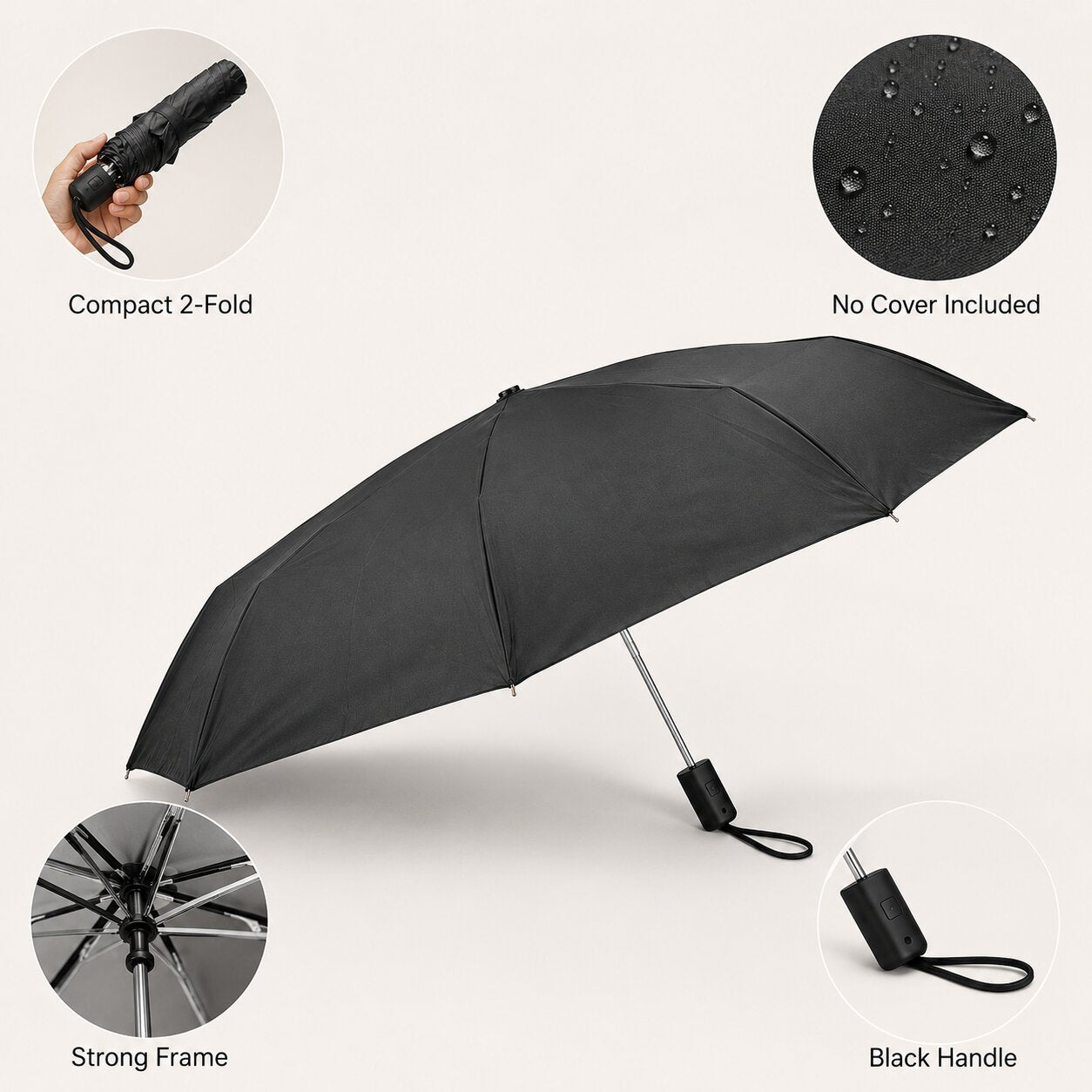 Lazer Shine 2-Fold 42 Inches Umbrella – Auto Open, Waterproof, Windproof, UPF 50+ Sun Protection, Large Compact Umbrella for Men, Women & Kids, Black