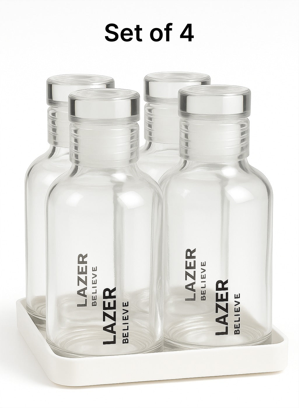 Lazer Pure Borosilicate Glass Water Bottle Set of 4 – 300ml Each, BPA-Free, Eco-Friendly, Durable & Leak-Proof Transparent Bottles
