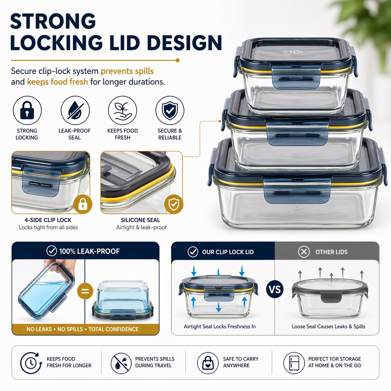 Lazer Glass Lunch Boxes Set of 3 Airtight Leakproof Food Storage Containers (500ml, 800ml, 1200ml) with Locking Lid, Microwave Safe, BPA-Free Meal Prep for Office & Home