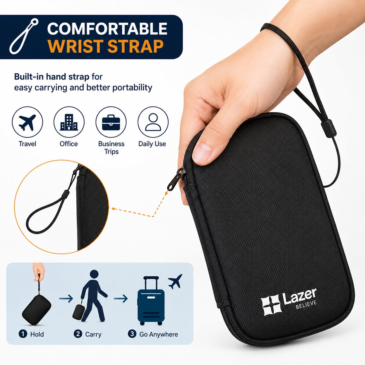 Lazer Travel Organizer Pouch with Wrist Strap, Premium Zippered Storage Case for Passport, Documents, Cables, Gadgets & Accessories, Lightweight Durable Portable Bag (Black)