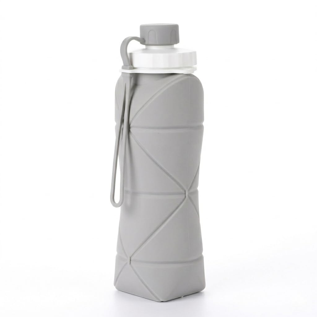 Lazer Silicone Foldable Travel Water Bottle 600ml – BPA-Free, Leakproof & Reusable for Hiking, Camping, Cycling, Yoga & Outdoor Sports (Grey)