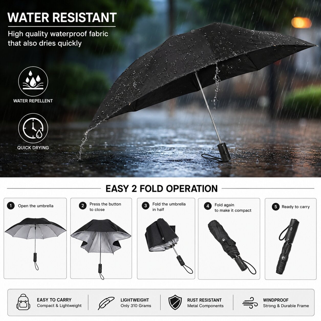Lazer Shine 2-Fold 42 Inches Umbrella – Auto Open, Waterproof, Windproof, UPF 50+ Sun Protection, Large Compact Umbrella for Men, Women & Kids, Black