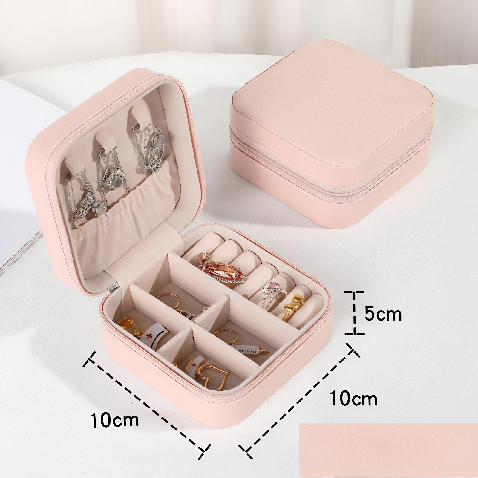 Lazer Jewellery Organiser PU Leather Zipper Square Portable Mini Square Storage Box Case with Dividers Container for Rings, Earrings, Necklace Home Organizer