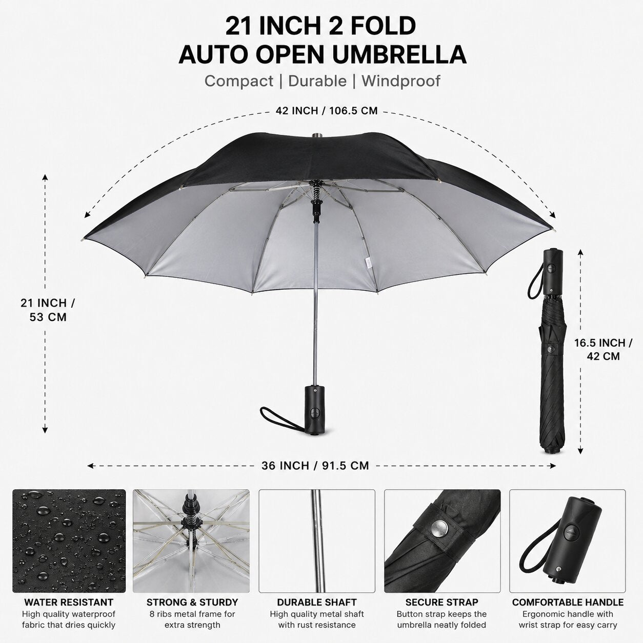 Lazer Shine 2-Fold 42 Inches Umbrella – Auto Open, Waterproof, Windproof, UPF 50+ Sun Protection, Large Compact Umbrella for Men, Women & Kids, Black