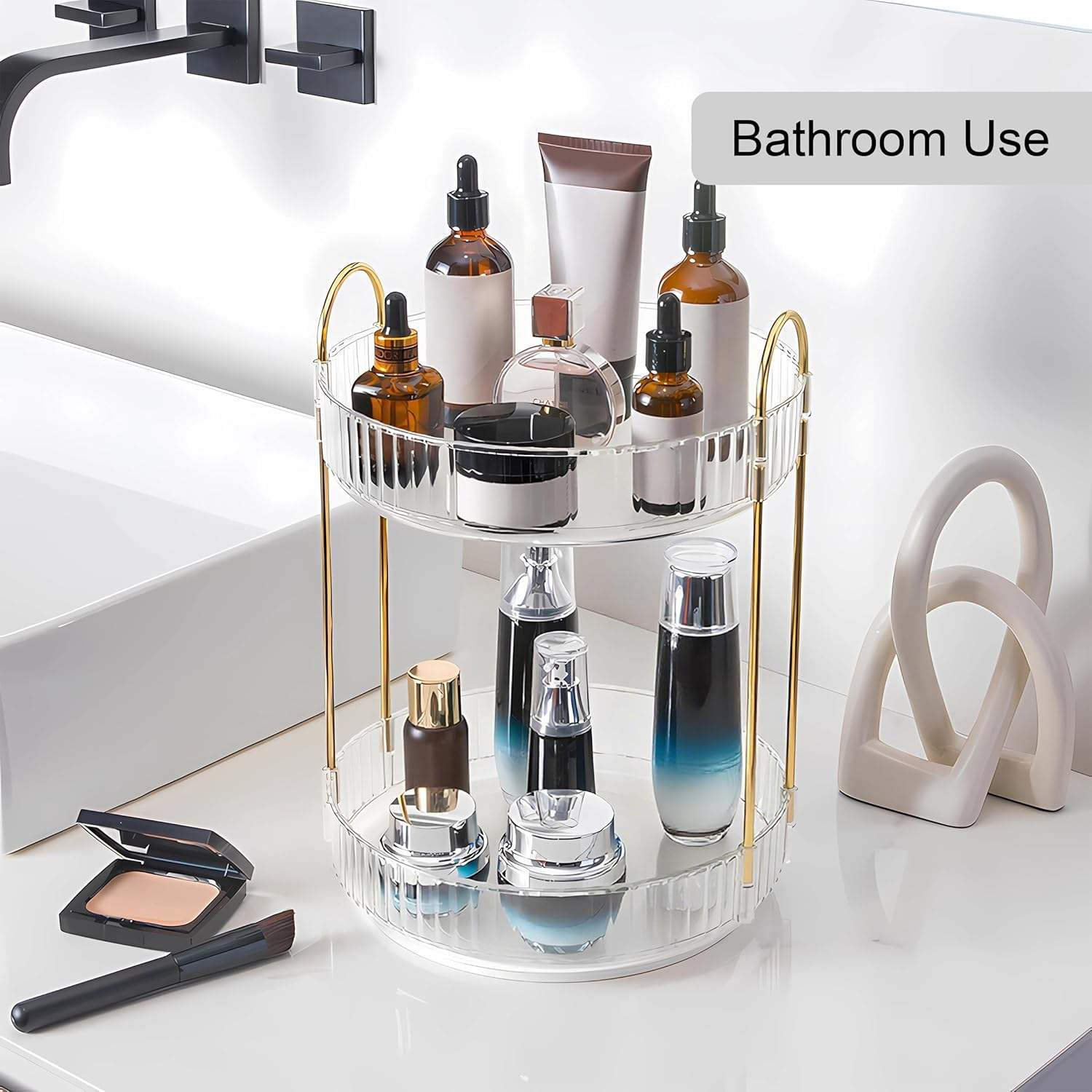 Lazer 360° Rotating Makeup Organizer – 2 Tier Grey Vanity Storage for Skincare, Perfume & Cosmetics (High Capacity Clear Display)