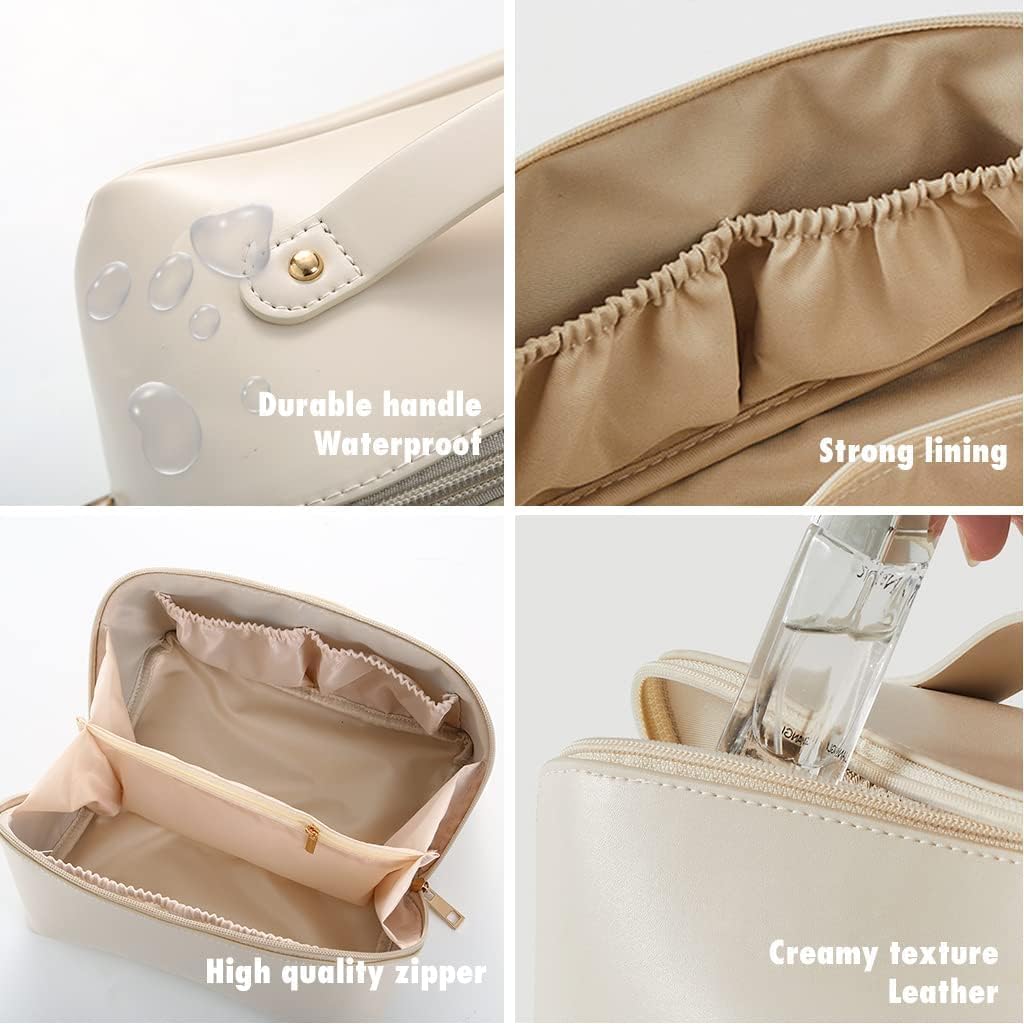 Lazer Travel Cosmetic Makeup Pouches for Women Travel Organizer Bag Portable Pouch Open Flat Toiletry Bag Make Up Organizer with Divider and Handle (White)