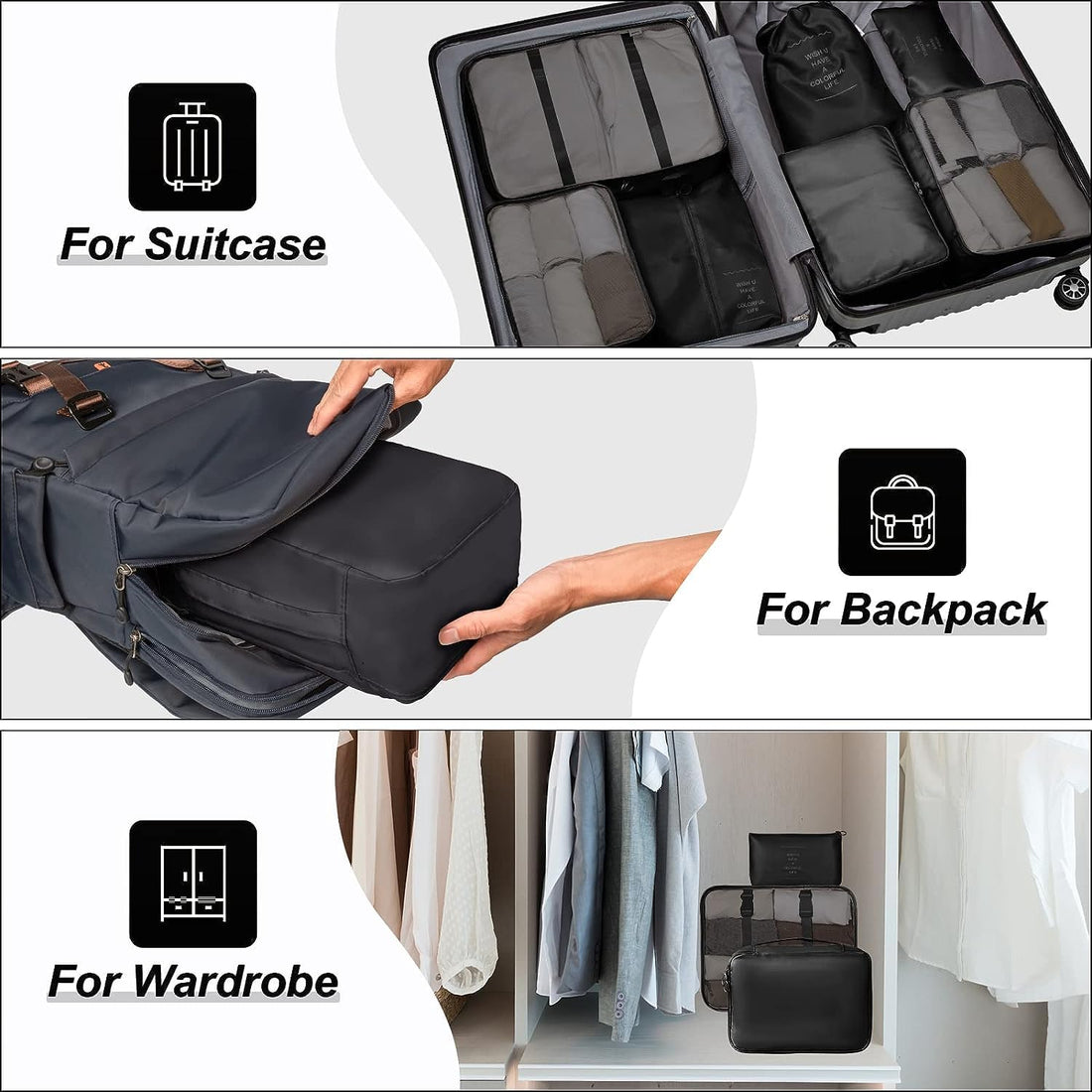Lazer Polyester 7 Set Travel Organizer Bag 3 Packing Cubes + 3 Pouches + 1 Toiletry Organizer Bag W-28 Cm, H-11 Centimeters - Black